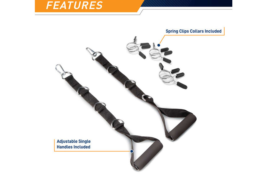 Smith machine cable attachment set with two black adjustable handles and four silver spring clips with black grips, flat lay 