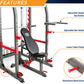 Multi-station Smith machine home gym with gray frame, red accents, adjustable dip station, bar holder, leg press, and cable p