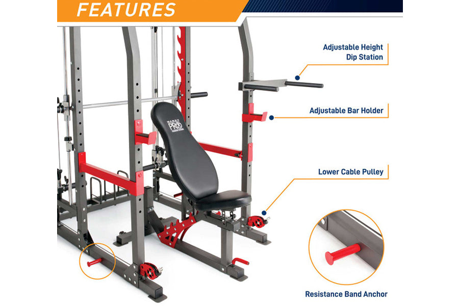 Multi-station Smith machine home gym with gray frame, red accents, adjustable dip station, bar holder, leg press, and cable p