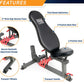 Black vinyl weight bench with high-density foam, 5-position back rest, 4-position seat, secure sawtooth adjustment, transport
