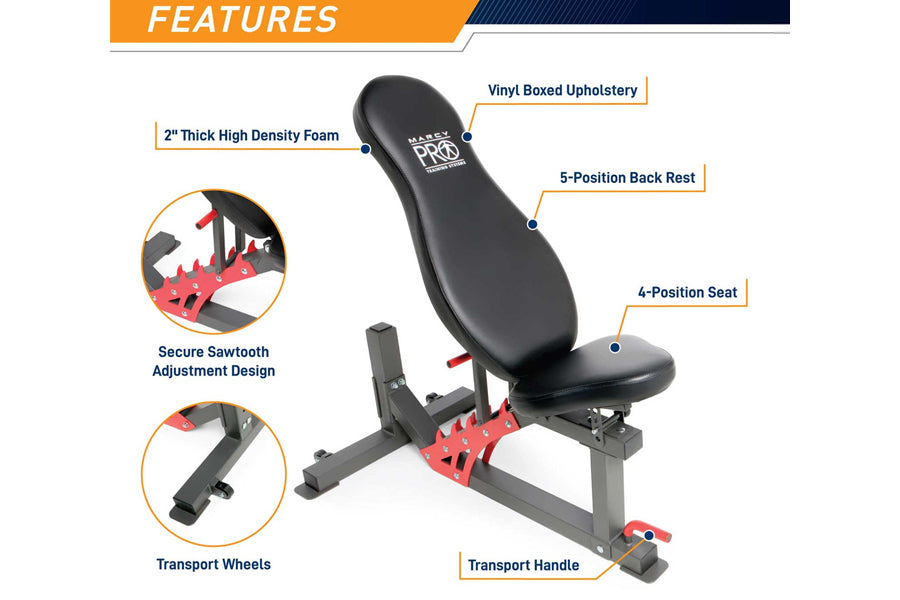 Black vinyl weight bench with high-density foam, 5-position back rest, 4-position seat, secure sawtooth adjustment, transport