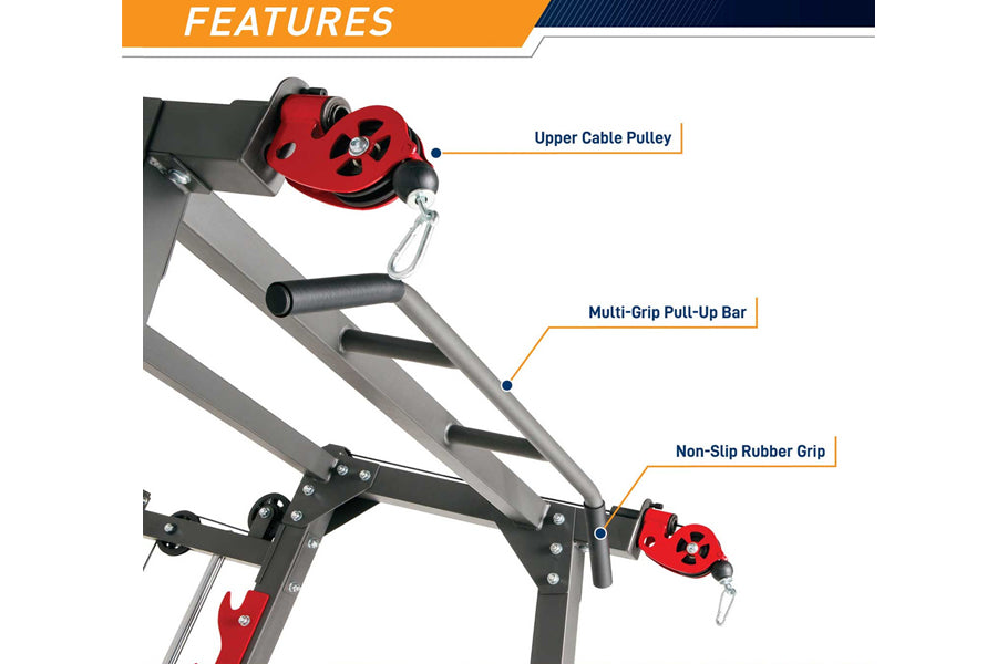 Marcy Pro Smith Machine with red cable pulleys, multi-grip pull-up bar, and non-slip rubber grips on gray steel frame