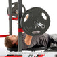Man performing chest press exercise on Marcy Pro Smith Machine with black weight plates and red frame details