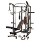 Marcy Smith Machine home gym with gray steel frame, brown padded seat and backrest, multiple cable attachments, and included 