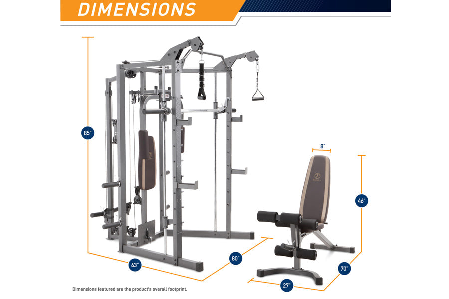 Marcy Smith machine home gym with cable crossover, lat pulldown, and adjustable weight bench, dimensions labeled 85"H x 63"W 