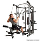 Man using gray and black Smith machine home gym with cable attachments and weight plate pegs on white background