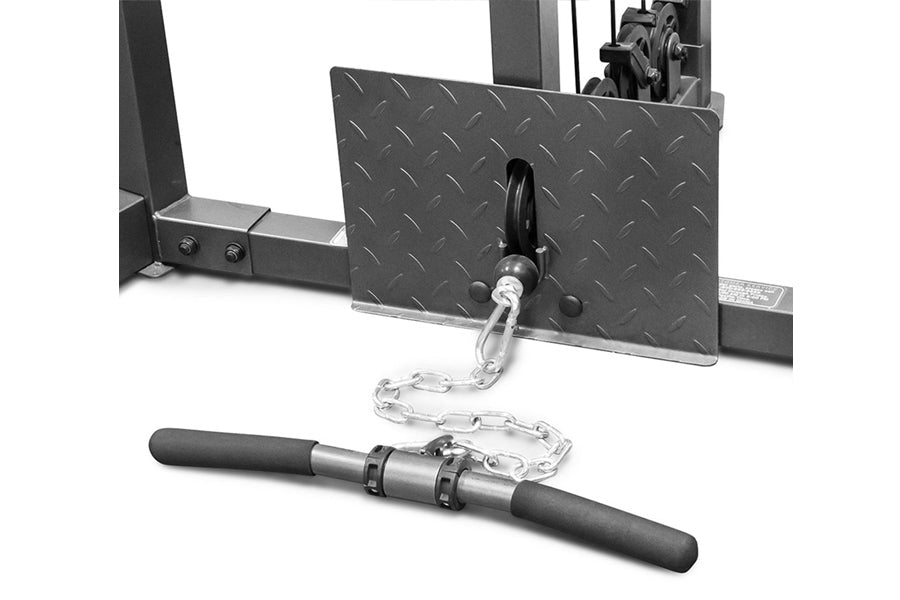 Marcy Smith Machine home gym with diamond plate footplate, black foam handlebar, and chain attachment on white background