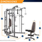 Marcy Smith Machine home gym with weight bench, gray steel frame, cable attachments and pulleys shown with dimensions 85"H x 