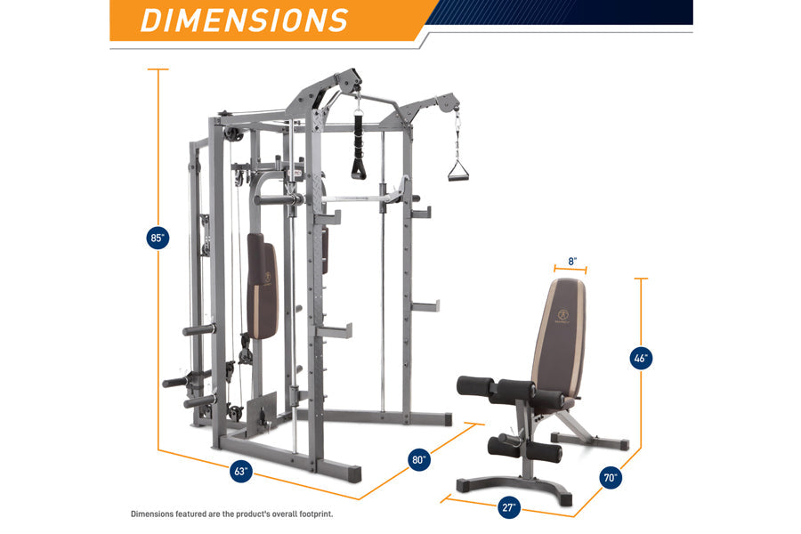 Marcy Smith Machine home gym with weight bench, gray steel frame, cable attachments and pulleys shown with dimensions 85"H x 
