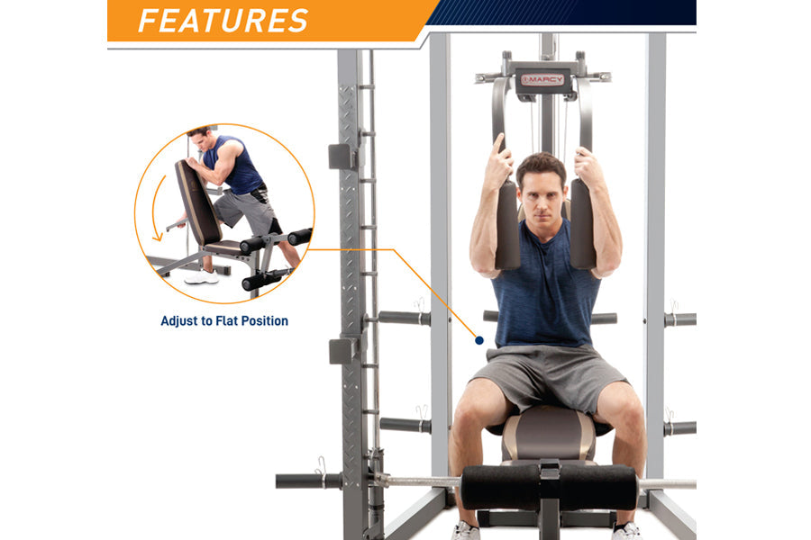 Man using Marcy Smith Machine with adjustable seat and lat pulldown attachment, shown with inset demonstrating flat position 