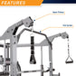 Gray and black multi-functional home gym with upper pulleys and pull-up bar, featuring adjustable cable attachments on white 