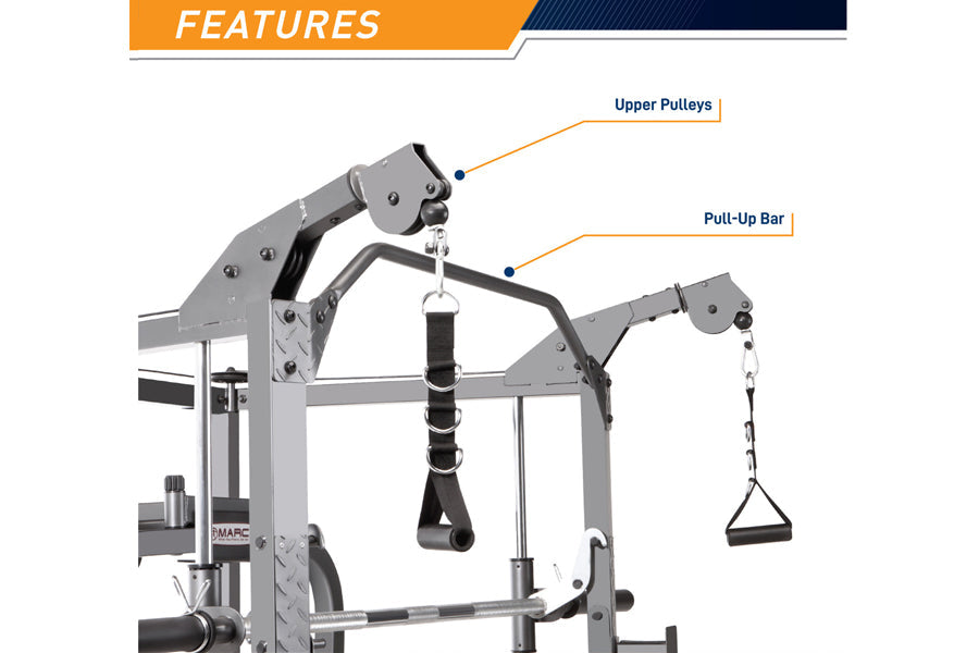 Gray and black multi-functional home gym with upper pulleys and pull-up bar, featuring adjustable cable attachments on white 