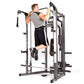 Man using gray and black Smith machine home gym for upper body workout on white background