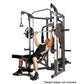 Man using gray and black Smith machine with weight bar, bench, and cable pulley attachment on white background