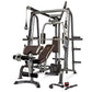 Marcy Smith machine with cage system featuring gray metal frame, brown padded seat and backrest, weight plates, and cable att