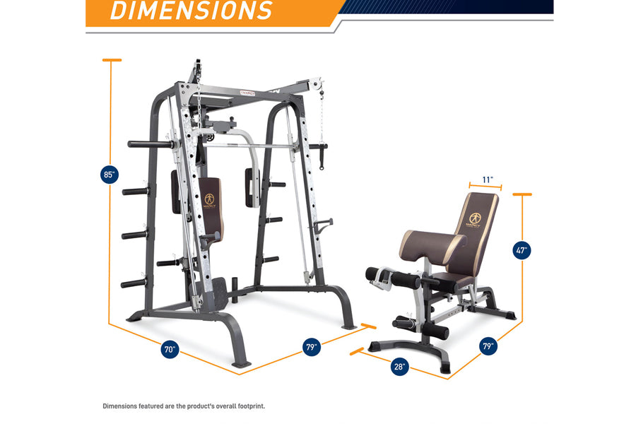 Marcy Smith Machine and weight bench with dimension measurements showing 85-inch height, 70-inch and 79-inch width, and weigh