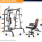 Smith machine and weight bench with dimensions labeled, 85 inches tall and 70 inches wide