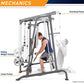 Marcy Smith Machine with overhead pulley, sliding weight trolley, and lower pulley system, man demonstrating exercise on gray