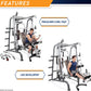 Marcy Smith Machine with preacher curl pad and leg developer, white and black frame with male models demonstrating exercises