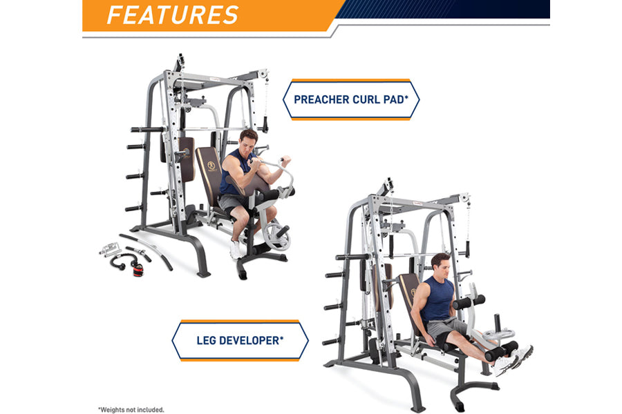 Marcy Smith Machine with preacher curl pad and leg developer stations, man demonstrating exercises on white background