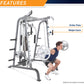 Gray and white Smith Machine with male model performing squat exercise, featuring striker plate and weight catch labeled on m