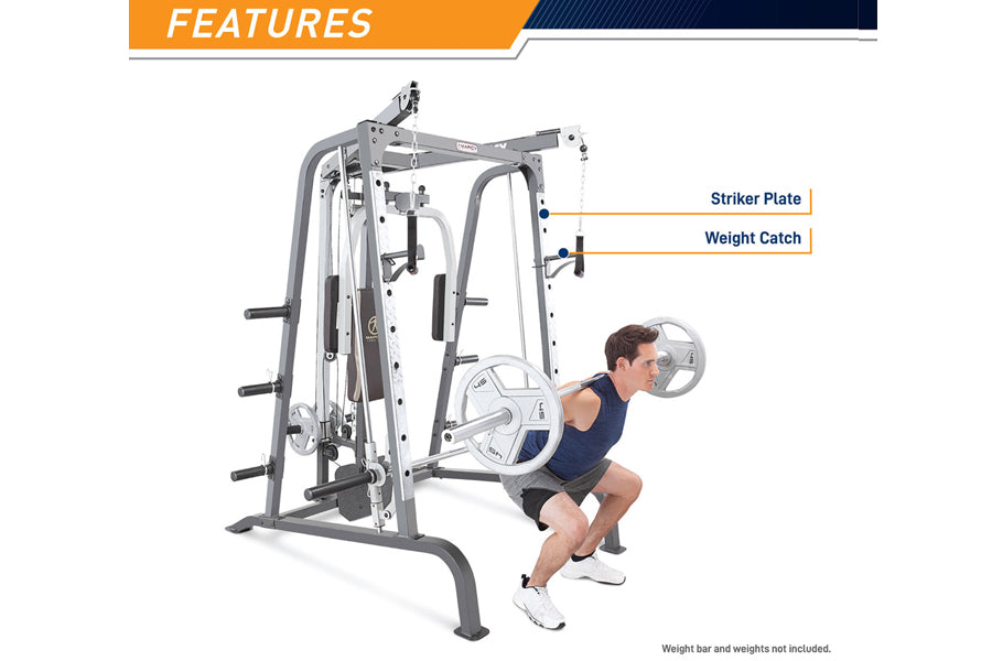 Gray and white Smith Machine with male model performing squat exercise, featuring striker plate and weight catch labeled on m