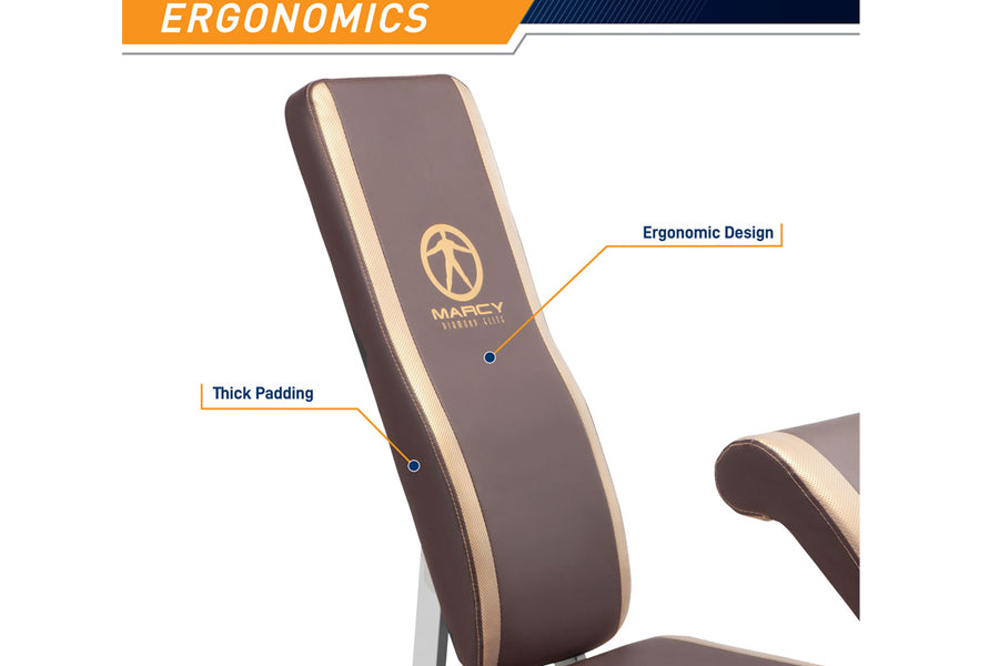 Brown and tan padded lumbar support cushion with Marcy logo, showing ergonomic design and thick padding details