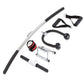 Six-piece home gym resistance set including silver bar with black grips, black resistance band with handles, red and black an
