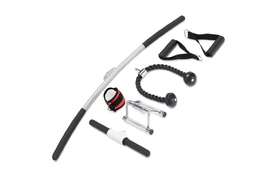 Six-piece home gym resistance set including silver bar with black grips, black resistance band with handles, red and black an