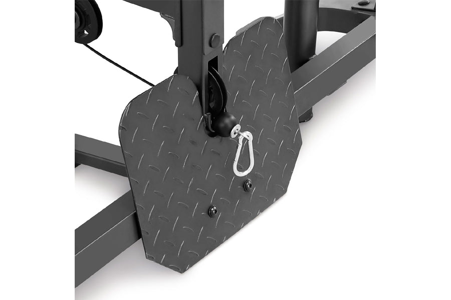 Black diamond plate foot platform with silver carabiner clip on home gym Smith machine, detail view on white background