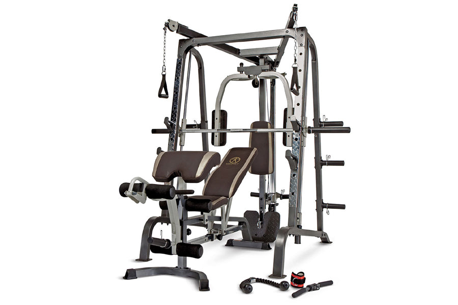 Multi-station Smith machine with gray steel frame, brown padded seat and back, cable pulley system, and leg press attachment 