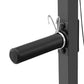 Black cylindrical leg attachment bar with silver metal collar and safety pins mounted on gray Smith machine frame, displayed 