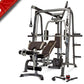 Multi-station Smith machine with gray steel frame, brown padded seat and backrest, leg press attachment, and weight plate peg