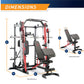 Smith machine with adjustable weight cage system in red and gray, featuring attached weight bench, shown with dimension measu