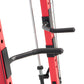 Red and black Smith machine cage system with curved black handlebar grip and silver vertical rails on white background