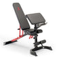 Black and red adjustable weight bench with leg extension attachment on white background