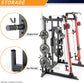 Marcy Smith Machine cage system with red and black frame, weight plates on storage posts, and bar holder, shown with detail c