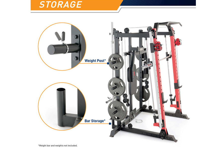 Marcy Smith Machine cage system with red and black frame, weight plates on storage posts, and bar holder, shown with detail c