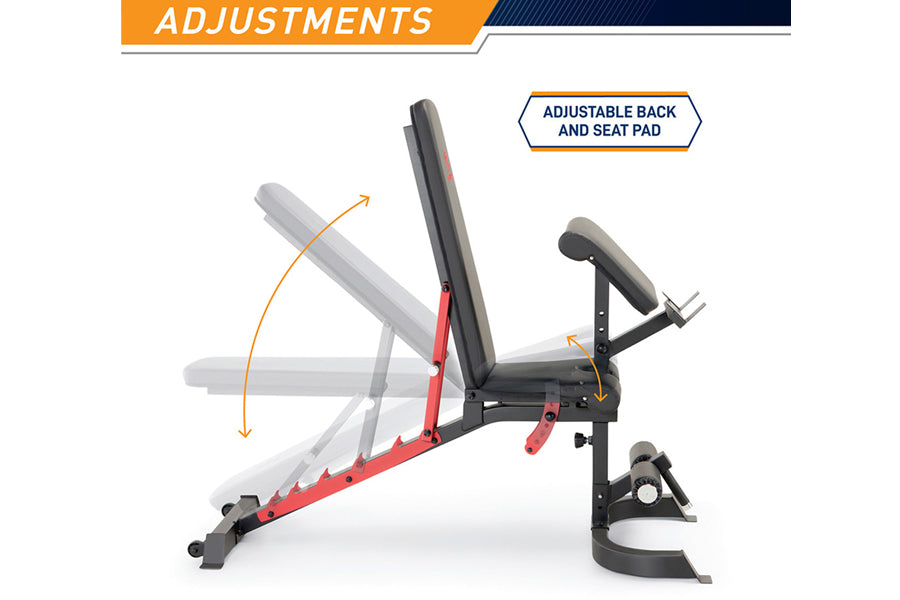 Weight bench with black seat pad, gray backrest, and red base frame showing adjustable back and seat pad positioning on white
