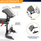 Marcy weight bench with adjustable preacher curl pad and leg anchor, showing bar rest and detachable pad components