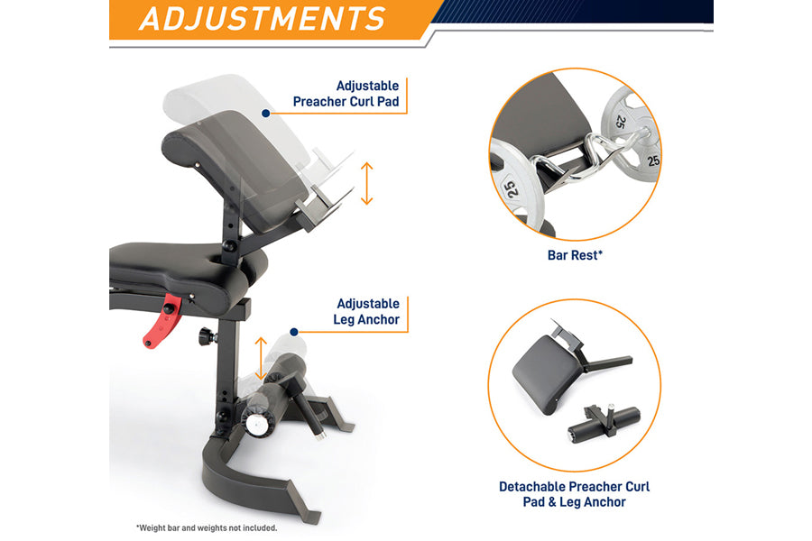 Marcy weight bench with adjustable preacher curl pad and leg anchor, showing bar rest and detachable pad components