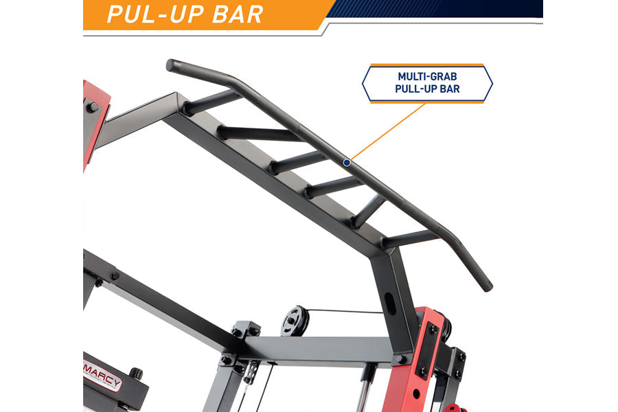 Multi-grab pull-up bar attachment with black steel frame and red mounting brackets, designed for Marcy Smith machine cage sys