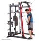Man in blue shirt using red and black Smith machine with cable attachment on white background