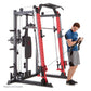 Man in blue shirt using red and black Smith machine cage system with cable attachment on white background