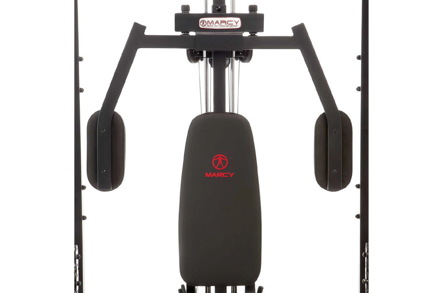 Black Marcy Smith machine with dual arm levers and padded seat, front view on white background