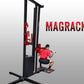 Black and red Marpo Magrack home gym functional training system with person in pink shirt demonstrating leg press exercise