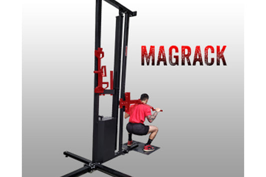 Black and red Marpo Magrack home gym functional training system with person in pink shirt demonstrating leg press exercise