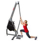 Woman in red tank top using gray and black cable training machine with rope attachment on white background
