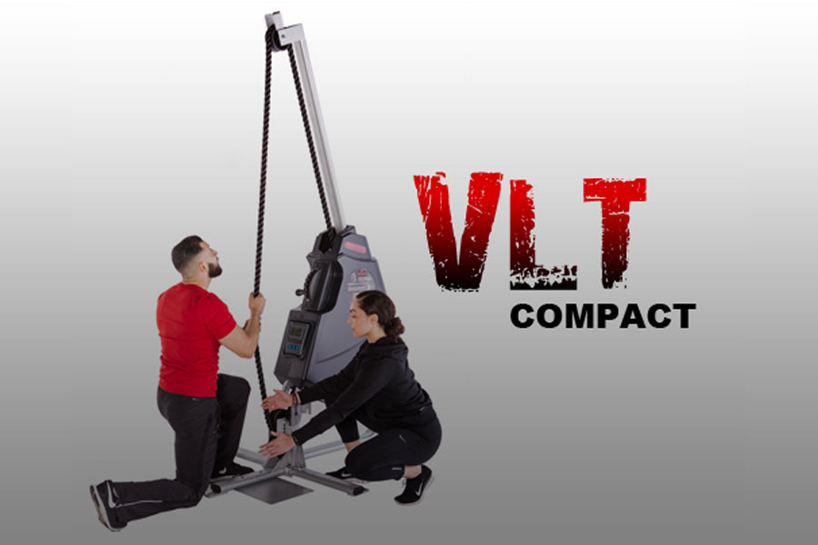 Marpo VLT Compact rope trainer with two people demonstrating use, gray and black machine with red text logo