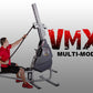 Man in red shirt using VMX multi-mode rope trainer machine with gray frame on white background
